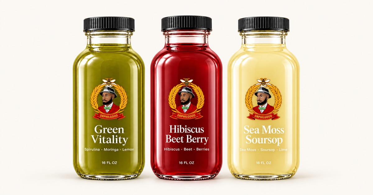 Dr. Phil Good Green Vitality, Hibiscus Beet Berry, and Sea Moss Soursop bottled beverages.
